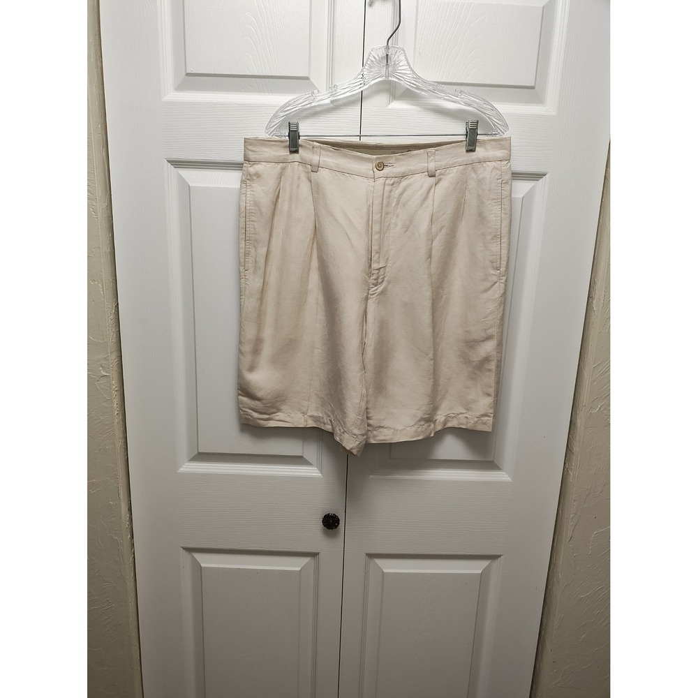 Tommy Bahama Shorts Mens 35 Cream Excellent Silk Linen Blend Flat Front Casual
